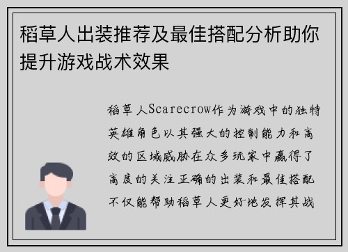 稻草人出装推荐及最佳搭配分析助你提升游戏战术效果