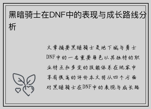 黑暗骑士在DNF中的表现与成长路线分析
